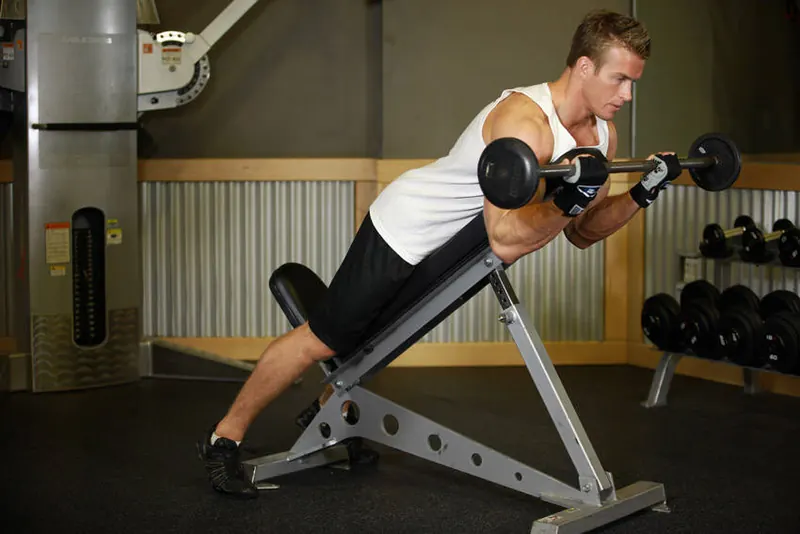Barbell Curls Lying Against An Incline: end position