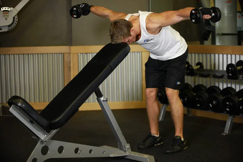 Bent Over Dumbbell Rear Delt Raise With Head On Bench: end position