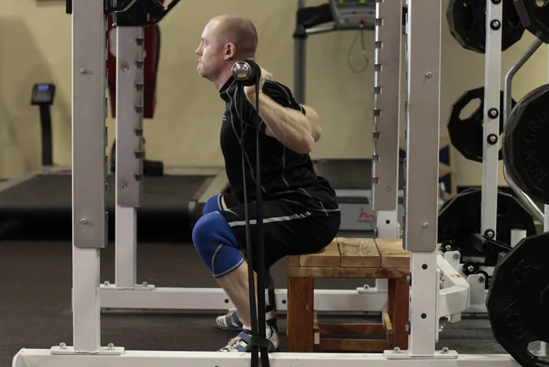Box Squat with Bands: end position