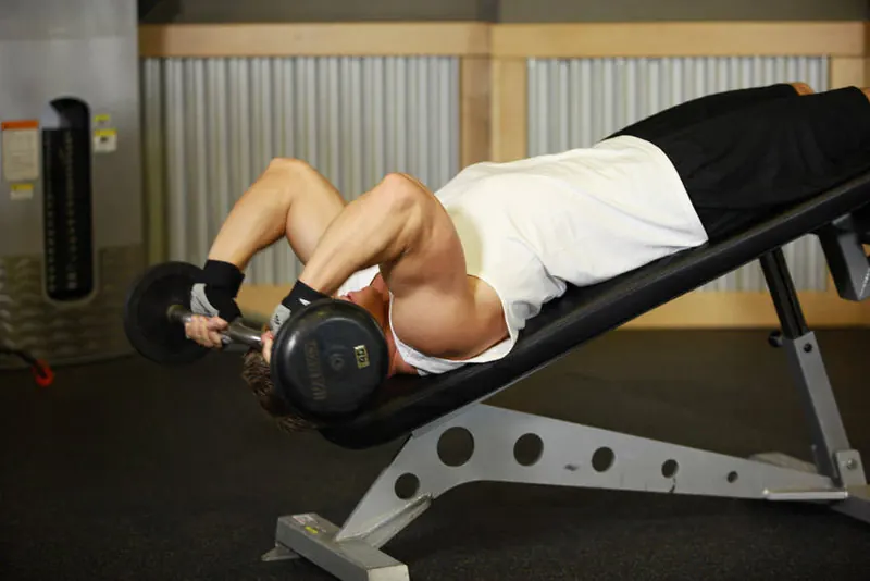 Decline EZ Bar Triceps Extension: end position
