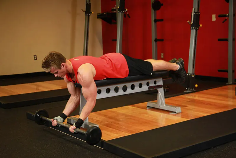Lying High Bench Barbell Curl: starting position