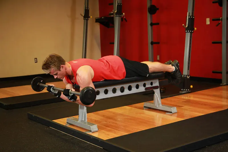 Lying High Bench Barbell Curl: end position