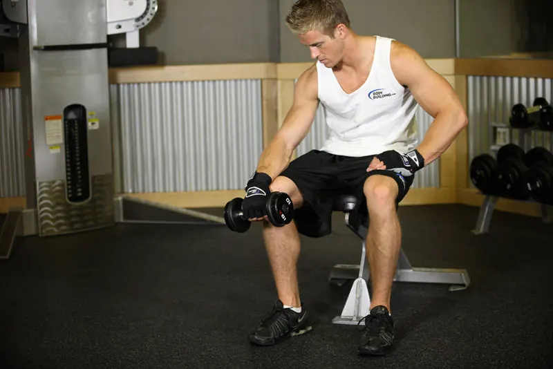 Seated One-Arm Dumbbell Palms-Down Wrist Curl: starting position