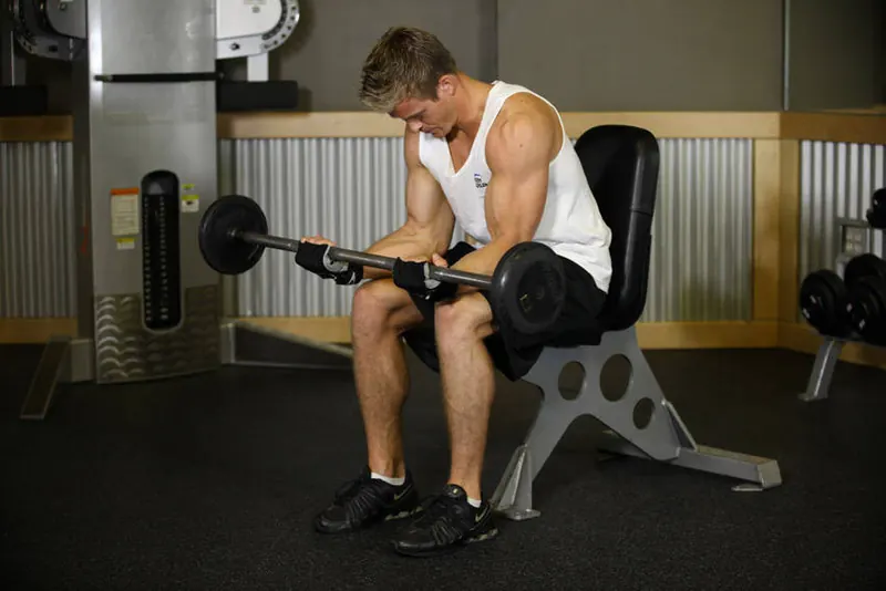 Seated Palm-Up Barbell Wrist Curl: end position