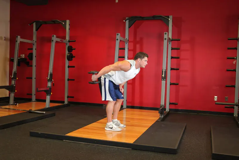 Standing Bent-Over One-Arm Dumbbell Triceps Extension: end position