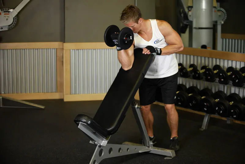 Standing One-Arm Dumbbell Curl Over Incline Bench: end position