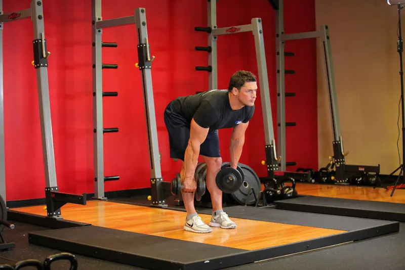 Stiff-Legged Dumbbell Deadlift: end position