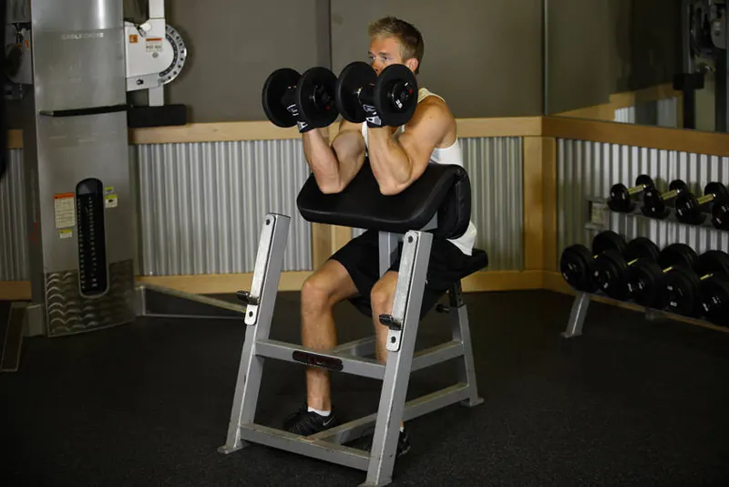 Two-Arm Dumbbell Preacher Curl: end position