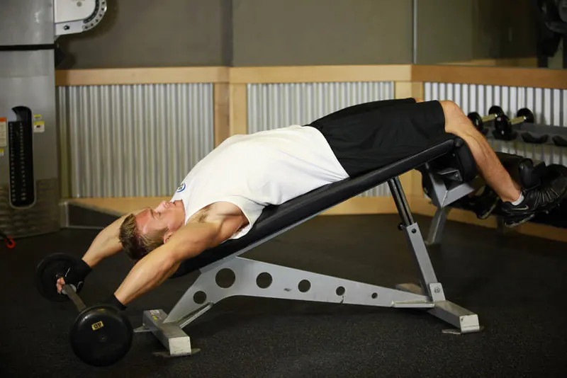 Wide-Grip Decline Barbell Pullover: end position